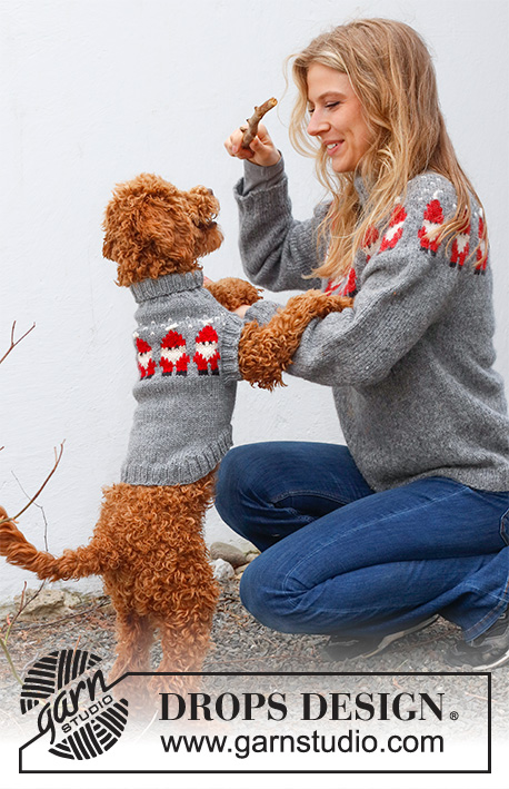 Merry Santas / DROPS 228-54 - Pulôver tricotado para cão em DROPS Alaska, com jacquard norueguês de Pais Natal. Do XS ao M. Tema: Natal.