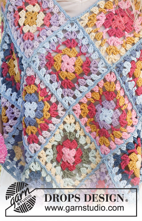 Bohemian Bliss / DROPS 229-17 - Poncho crochetado com quadrados granny, em DROPS Paris. Do S ao XXXL