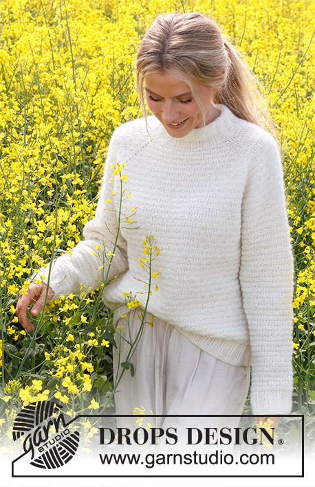 Provence Dream / DROPS 230-15 - Knitted jumper in DROPS Air. The piece is worked top down with raglan, moss stitch and double neck. Sizes S - XXXL.