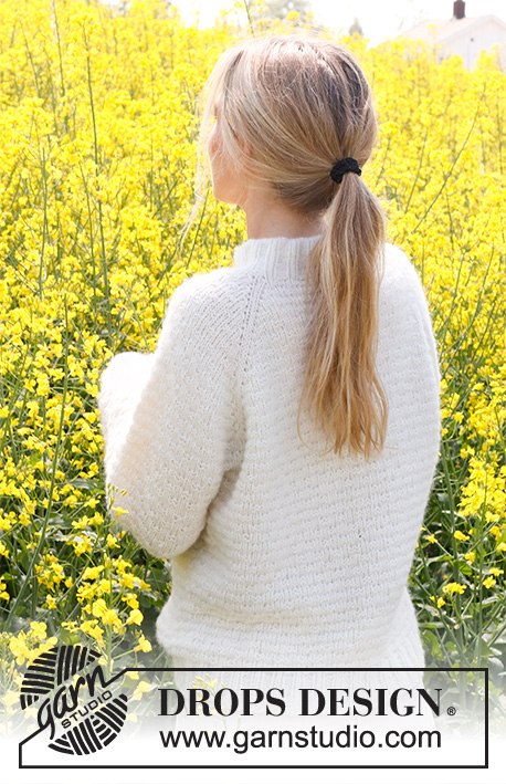 Provence Dream / DROPS 230-15 - Knitted sweater in DROPS Air. The piece is worked top down with raglan, moss stitch and double neck. Sizes S - XXXL.