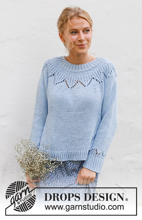 Echo Mountain / DROPS 230-18 - Knitted jumper in DROPS Paris. The piece is worked top down, with round yoke and lace pattern. Sizes S - XXXL.