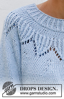 Echo Mountain / DROPS 230-18 - Sweter na drutach przerabiany od góry do dołu, z zaokrąglonym karczkiem i ściegiem ażurowym, z włóczki DROPS Paris. Od S do XXXL.