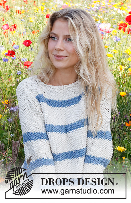 Sea Bird Sweater / DROPS 230-2 - Knitted basic jumper in DROPS Paris. The piece is worked bottom up, with moss stitch and stripes. Sizes S - XXXL.