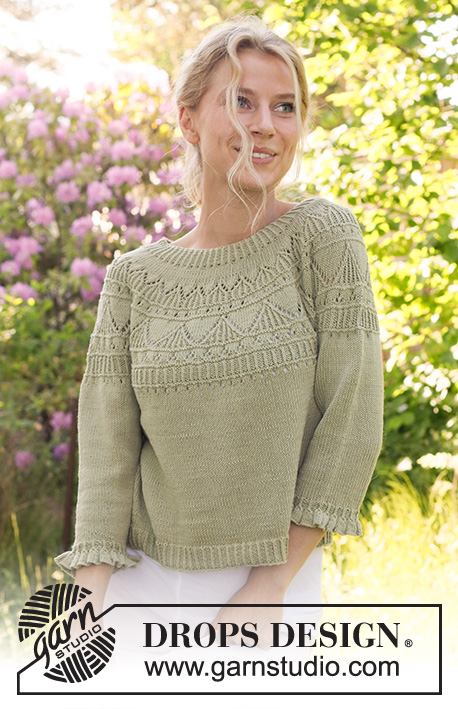 Treasure Hunt / DROPS 230-21 - Knitted jumper in DROPS Safran. The piece is worked bottom up, with round yoke, lace pattern and ¾-length sleeves with flounces. Sizes S - XXXL.