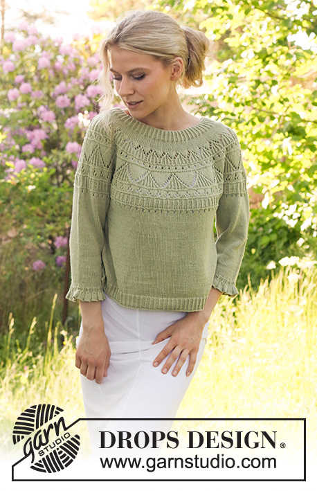 Treasure Hunt / DROPS 230-21 - Knitted sweater in DROPS Safran. The piece is worked bottom up, with round yoke, lace pattern and ¾-length sleeves with flounces. Sizes S - XXXL.