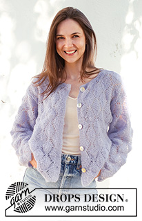 Lila Mist Cardigan / DROPS 230-23 - Rozpinany sweter na drutach przerabiany od dołu do góry ściegiem ażurowym, z włóczki DROPS Brushed Alpaca Silk. Od S do XXXL.