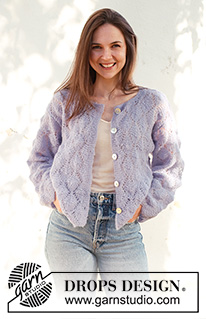 Lila Mist Cardigan / DROPS 230-23 - Rozpinany sweter na drutach przerabiany od dołu do góry ściegiem ażurowym, z włóczki DROPS Brushed Alpaca Silk. Od S do XXXL.