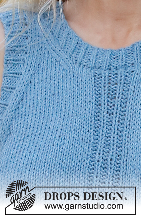 River Blue Trail / DROPS 230-28 - Knitted top/singlet in DROPS Paris. Piece is knitted bottom up with stockinette stitch and rib. Size XS – XXL.