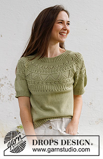 Treasure Hunt Top / DROPS 230-41 - Knitted short-sleeved sweater / T-shirt in DROPS Safran. The piece is worked bottom up with round yoke, lace-pattern and relief-pattern. Sizes S - XXXL.