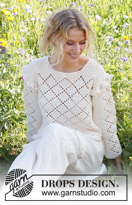 Harlequin Ruffles / DROPS 230-44 - Crocheted jumper in DROPS Safran. The piece is worked with lace pattern and  flounces. Sizes S – XXXL.