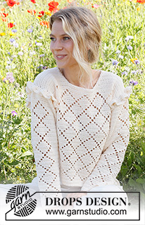 Harlequin Ruffles / DROPS 230-44 - Crocheted sweater in DROPS Safran. The piece is worked with lace pattern and  flounces. Sizes S – XXXL.