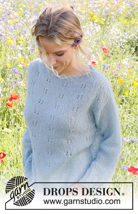 Blue Butterfly / DROPS 230-49 - Knitted sweater in DROPS Brushed Alpaca Silk. The piece is worked top down, with increases for shoulders, lace pattern and decorative neck-line. Sizes S - XXXL.