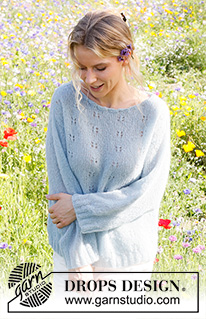 Blue Butterfly / DROPS 230-49 - Knitted sweater in DROPS Brushed Alpaca Silk. The piece is worked top down, with increases for shoulders, lace pattern and decorative neck-line. Sizes S - XXXL.