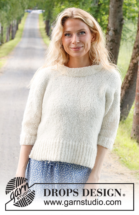 Soft Journey / DROPS 230-9 - Knitted jumper in DROPS Alpaca Bouclé and DROPS Kid-Silk. The piece is worked bottom up in stocking stitch with split in the sides and ¾-length sleeves. Sizes S - XXXL.