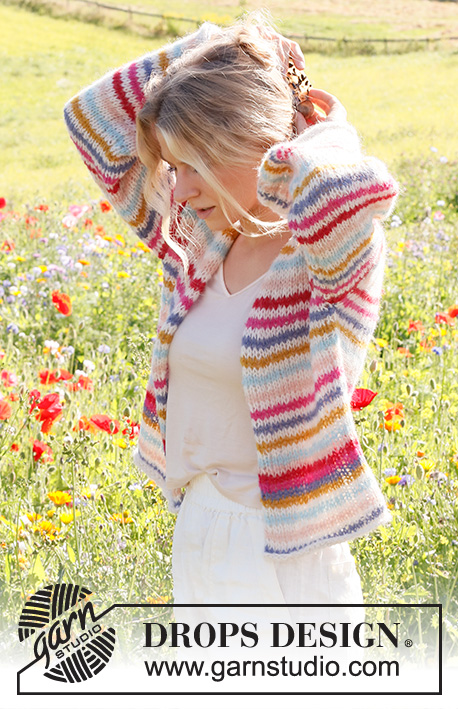 Candy Stripes Cardigan / DROPS 231-1 - Knitted basic jacket in 2 strands DROPS Brushed Alpaca Silk. The piece is worked bottom up, with stripes. Sizes XS - XXL.