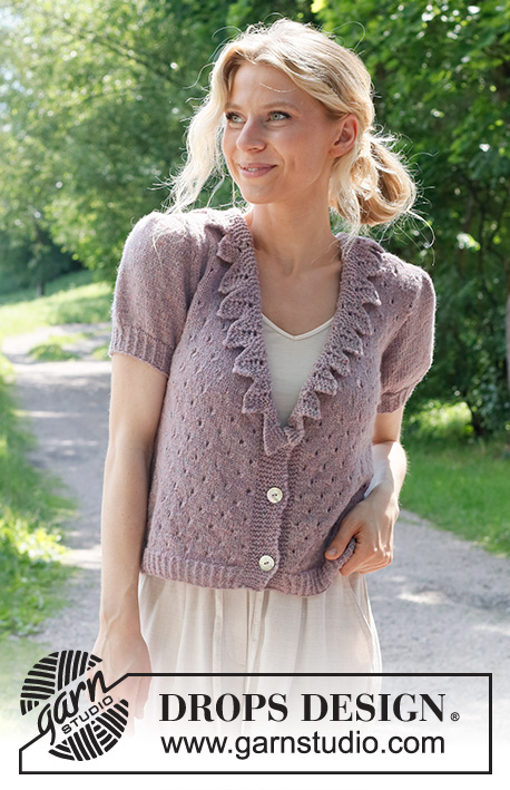 Fairy Woods Cardigan / DROPS 231-14 - Knitted jacket in DROPS Sky. The piece is worked bottom up, with lace pattern,  flounce-edges and short sleeves. Sizes S - XXXL.