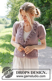 Fairy Woods Cardigan / DROPS 231-14 - Knitted jacket in DROPS Sky. The piece is worked bottom up, with lace pattern,  flounce-edges and short sleeves. Sizes S - XXXL.
