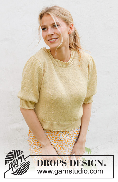 Chamomile Tea Top / DROPS 231-22 - Knitted jumper with short sleeves / t-shirt in DROPS BabyAlpaca Silk. Piece is knitted top down in stocking stitch with short puffed sleeves and picot edges. Size: S - XXXL