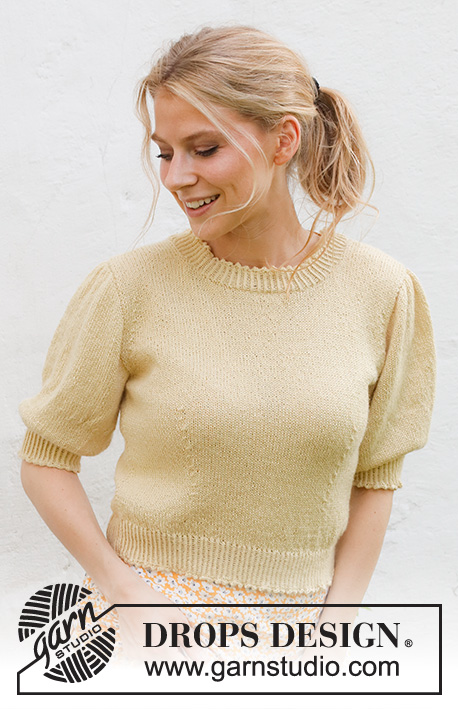 Chamomile Tea Top / DROPS 231-22 - Knitted jumper with short sleeves / t-shirt in DROPS BabyAlpaca Silk. Piece is knitted top down in stocking stitch with short puffed sleeves and picot edges. Size: S - XXXL
