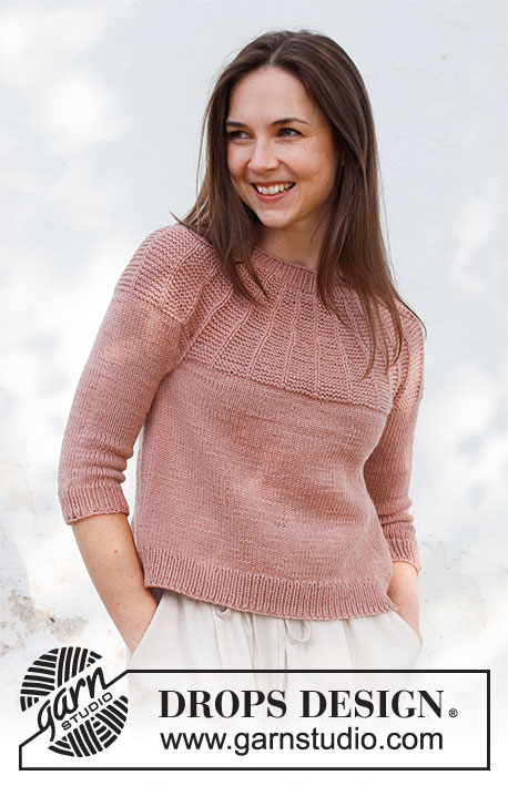 Old Pink Road / DROPS 231-23 - Knitted sweater in DROPS Merino Extra Fine. The piece is worked top down, with ¾-length sleeves, round yoke and garter stitch on the yoke. Sizes S-XXXL.
