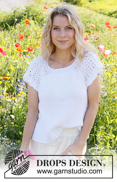 White Roses Top / DROPS 231-25 - Knitted top in DROPS Paris. Piece is knitted top down with raglan, cables and flounce on sleeves. Size: S - XXXL