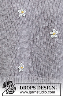 Shy Daisy / DROPS 231-34 - Gebreide trui in DROPS Merino Extra Fine. Het werk wordt van onder naar boven gebreid met dubbele halsrand en geborduurde bloemen. Maat: S - XXXL