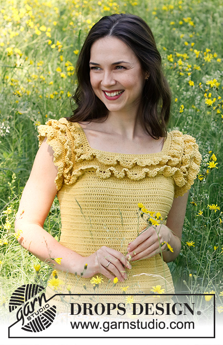 Summer Date / DROPS 231-43 - Crocheted top in DROPS Safran. Piece is worked top down with raglan and flounces. Size: S - XXXL