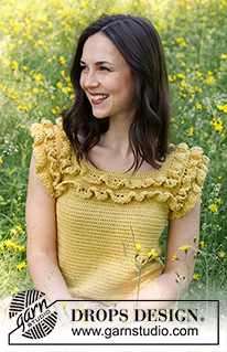 Summer Date / DROPS 231-43 - Crocheted top in DROPS Safran. Piece is worked top down with raglan and flounces. Size: S - XXXL