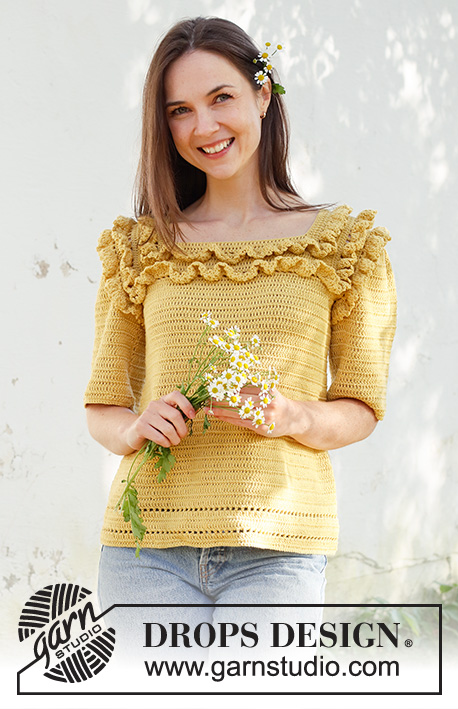 Summer Date / DROPS 231-44 - Crocheted jumper with short sleeves in DROPS Safran. Piece is worked top down with raglan and flounces. Size: S - XXXL
