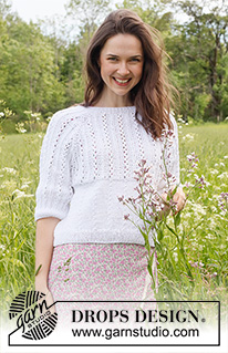 Lost in Summer Sweater / DROPS 231-49 - Knitted jumper in DROPS Muskat. The piece is worked top down with raglan, lace pattern and ¾-length sleeves. Sizes S - XXXL.