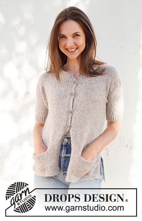 Daisy Lane Cardigan / DROPS 231-54 - Knitted jacket in DROPS Sky. Piece is knitted top down with round yoke, stocking stitch, pockets, short sleeves and vents in the sides. Size XS – XXL.