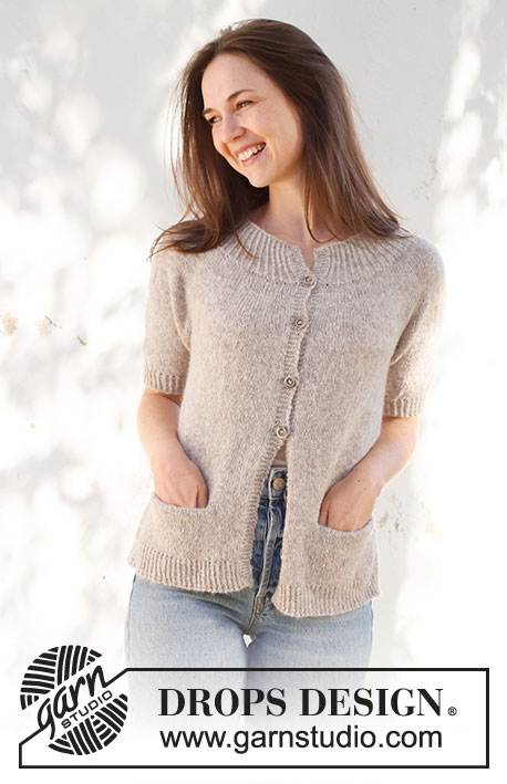Daisy Lane Cardigan / DROPS 231-54 - Knitted jacket in DROPS Sky. Piece is knitted top down with round yoke, stocking stitch, pockets, short sleeves and vents in the sides. Size XS – XXL.