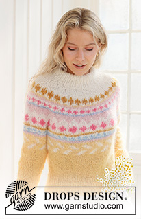 Lemon Meringue Sweater / DROPS 231-55 - Kötött pulóver DROPS Melody fonalból. A darabot fentről lefelé irányban készítjük, színes mintával, kerek vállrésszel, és dupla nyakkal. S - XXXL méretekben.