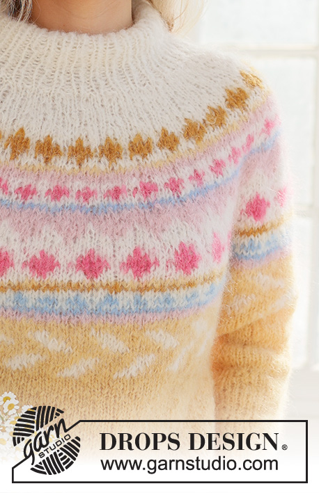 Lemon Meringue Sweater / DROPS 231-55 - Kötött pulóver DROPS Melody fonalból. A darabot fentről lefelé irányban készítjük, színes mintával, kerek vállrésszel, és dupla nyakkal. S - XXXL méretekben.