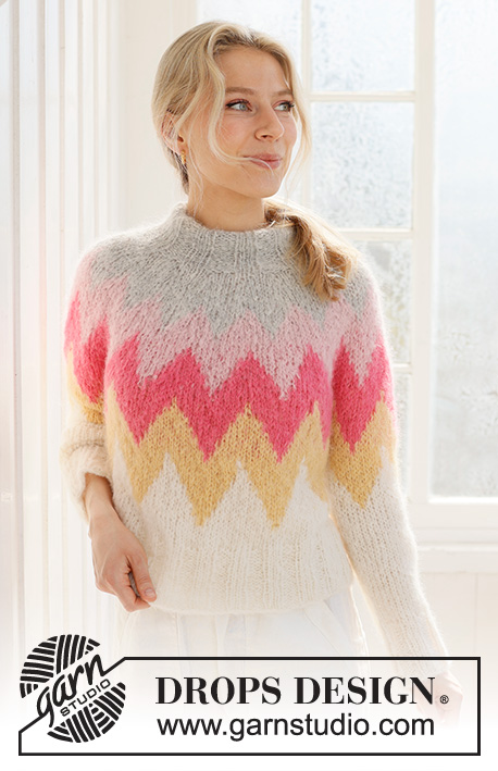 Pink Lemonade Sweater / DROPS 231-56 - Kötött pulóver DROPS Melody fonalból. A darabot fentről lefelé irányban készítjük, színes mintával, kerek vállrésszel, és dupla nyakkal. S - XXXL méretekben.