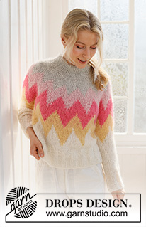 Pink Lemonade Sweater / DROPS 231-56 - Pulovr s pestrobarevným klikatým vzorem a kruhovým sedlem pletený shora dolů z příze DROPS Melody. Velikost S - XXXL.