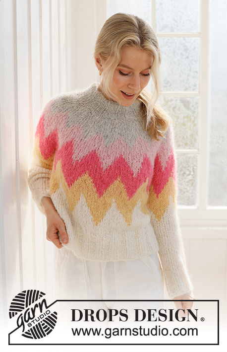Pink Lemonade Sweater / DROPS 231-56 - Kötött pulóver DROPS Melody fonalból. A darabot fentről lefelé irányban készítjük, színes mintával, kerek vállrésszel, és dupla nyakkal. S - XXXL méretekben.