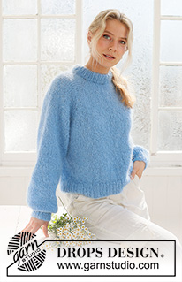 Blueberry Cream Sweater / DROPS 231-57 - Knitted sweater in DROPS Melody. The piece is worked top down, with raglan and double neck. Sizes S - XXXL.