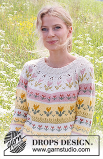 Tulip Season / DROPS 232-1 - Knitted jumper in DROPS Paris. The piece is worked top down, with double neck, round yoke, lace pattern and Nordic pattern with tulips. Sizes S - XXXL.