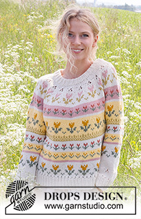 Tulip Season / DROPS 232-1 - Knitted sweater in DROPS Paris. The piece is worked top down, with double neck, round yoke, lace pattern and Nordic pattern with tulips. Sizes S - XXXL.