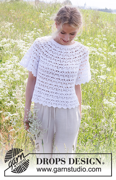 Wind Song / DROPS 232-19 - Crocheted top in DROPS Muskat. Piece is crocheted top down with round yoke and lace pattern. Size: S - XXXL