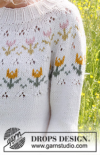 Spring Messenger / DROPS 232-2 - Pulôver tricotado de cima para baixo com encaixe arredondado, ponto rendado e jacquard norueguês com túlipas, em DROPS Paris. Do S ao XXXL