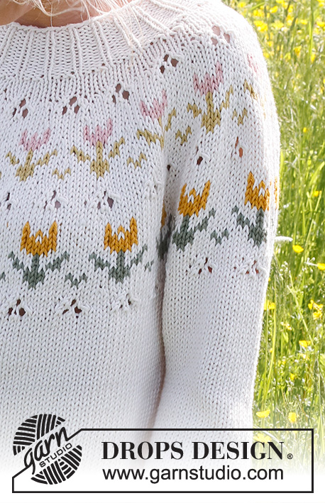Spring Messenger / DROPS 232-2 - Sweter na drutach, przerabiany od góry do dołu, z zaokrąglonym karczkiem ściegiem ażurowym i żakardem norweskim w tulipany, z włóczki DROPS Paris. Od S do XXXL