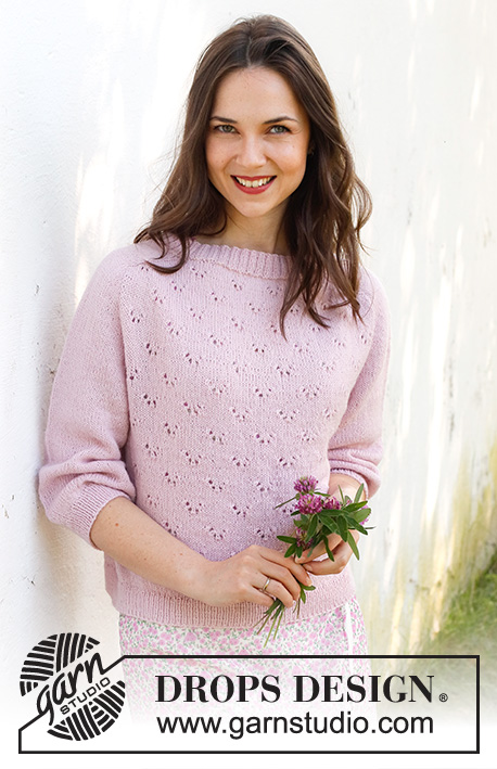 Pink Peony Sweater / DROPS 232-25 - Stickad tröja i DROPS Flora. Arbetet stickas uppifrån och ner med sadelaxel, hålmönster och ¾ långa ärmar. Storlek S - XXXL
