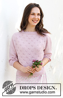 Pink Peony Sweater / DROPS 232-25 - Stickad tröja i DROPS Flora. Arbetet stickas uppifrån och ner med sadelaxel, hålmönster och ¾ långa ärmar. Storlek S - XXXL