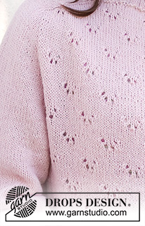 Pink Peony Sweater / DROPS 232-25 - Sweter na drutach, przerabiany od góry do dołu, z rękawami typu saddle shoulder, ściegiem ażurowym i rękawami 3/4, z włóczki DROPS Flora. Od S do XXXL.