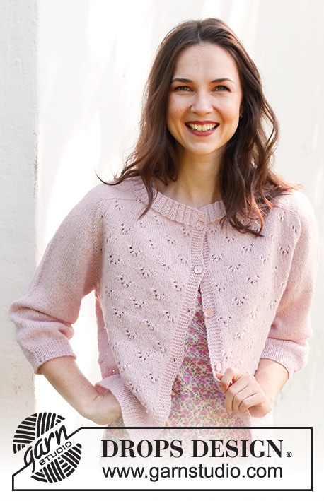 Pink Peony Cardigan / DROPS 232-26 - Knitted jacket in DROPS Flora. Piece is knitted top down with saddle shoulders lace
pattern and ¾ -length sleeves. Size: S - XXXL