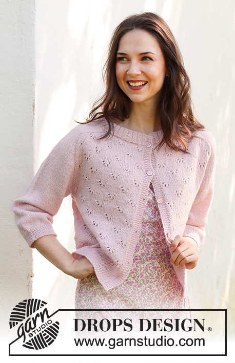 Pink Peony Cardigan / DROPS 232-26 - Knitted jacket in DROPS Flora. Piece is knitted top down with saddle shoulders lace
pattern and ¾ -length sleeves. Size: S - XXXL