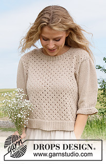 Charm Valley Top / DROPS 232-32 - Knitted jumper with short sleeves / t-shirt in DROPS Safran. Piece is knitted bottom up with lace pattern and short puffed sleeves. Size: S - XXXL