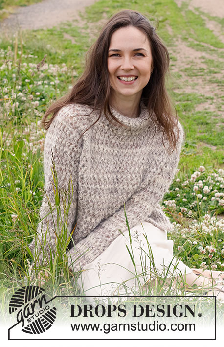 Luminous Sand / DROPS 232-37 - Knitted sweater in DROPS Fabel and DROPS Brushed Alpaca Silk. The piece is worked top down with raglan, double neck, lace pattern and split in the sides. Sizes S - XXXL.